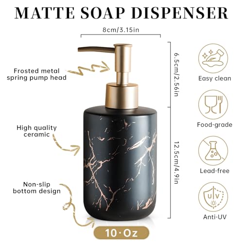 Gold Soap Dispenser, Dish Soap Dispenser for Kitchen Liquid Soap Pump Dispenser for Shower, Ceramics Refillable Hand Soap Lotion Dispenser, Shampoo Lotions Bottle for Bathroom, 10.5 OZ (Black). - color: Black
