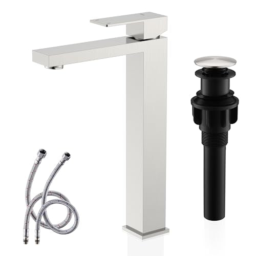 KENES Brushed Nickel Vessel Sink Facuet Single Handle Tall Bathroom Sink Faucet Vanity Bathroom Faucet Basin Mixer Tap with Water Supply Hose and Pop Up Sink Drain, LJ-9031A - color: Brushed Nickel, size: Tall