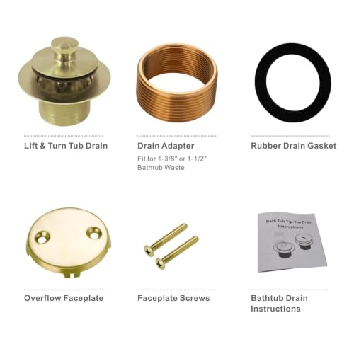 HIDROP Brushed Gold Lift and Turn Tub Drain with 2-Hole Overflow Faceplate | Stainless Steel Bathtub Drain, Universal Fine/Coarse Thread fit 1-3/8" or 1-1/2" Tub Drain, Tub Drain Replacement Kit - color: Gold