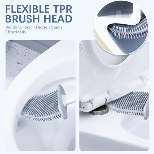 RV Silicone Toilet Brush with TPR Bristles & Detachable ABS Handle Set, Landing & Wall Mountable Toilet Bowl Brush for Space-Saving RV Bathrooms Flexible 360°Deep Cleaners Brushes (White) - color: White