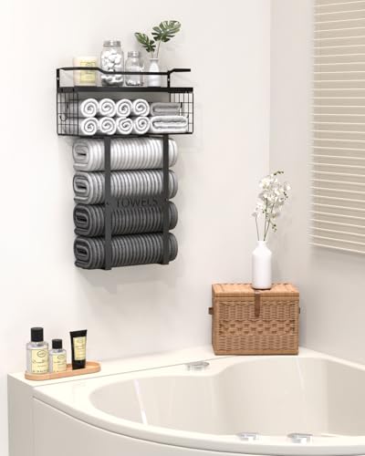 Wall Mounted Towel Rack for Bathroom - Bath Storage Holder Set Above Toilet, Rolled Towel Shelf Organizer, Wood Vertical Rack for Small Bathroom Decor, Black - color: Black