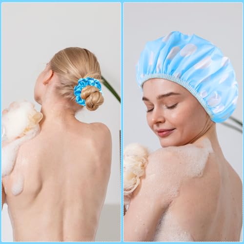 WSICSE 2 Packs Large Shower Cap, Waterproof Reusable Shower Cap Double Layers Hat Bath Caps with Hair Scrunchies for Home Spa Salon, blue, yellow - color: blue, yellow