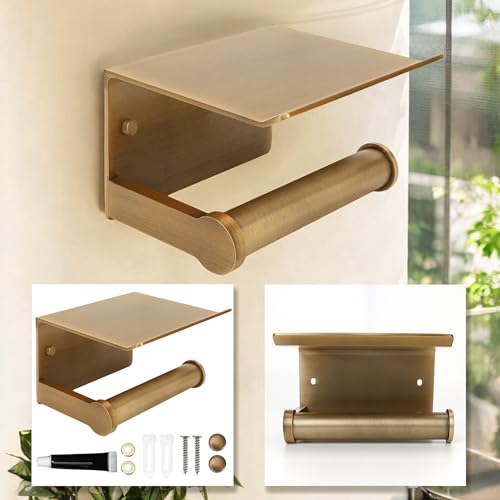 Toilet Paper Holders with Shelf Antique Bronze, Bathroom Wall Mount Tissue Dispenser with Cell Phone Storage Soap Organizer Vintage Farmhouse for Paper Roll with Max Length 4.8INCH (Brass Color)