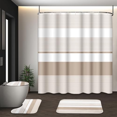 Beige Shower Curtain Set with Toilet Lid Cover and Non-Slip Rugs for Bathroom, Modern Striped Lines 4 Pcs Shower Curtain, Simple Abstract Bathroom Set with 12 Hooks - color: Stripes Beige