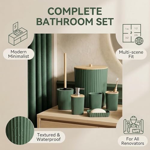 Bathroom Accessory Set 7 Pcs, Plastic Bathroom Set with Bamboo Cover Include Soap Dish, Toothbrush Holder, Mousewash Cup, Shower Curtain Set, Soap Dispenser, Trash Can & Toilet Brush - color: Dark Green, size: 7pack