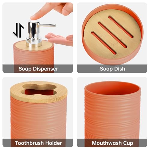 4 Pieces Bamboo Bathroom Accessories Set, Bathroom Accessory Set with Soap Dispenser and Toothbrush Holder, Soap Dish and Toothbrush Cup, Boho Bathroom Decor(Orange) - color: Orange