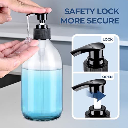 16 oz Clear Glass Soap Dispenser with Pump, Glass Pump Bottle for Lotion Body Oil, 500ml Hand and Dish Soap Dispensers Set with Storage Caps, Labels - 2 Pack - color: Clear