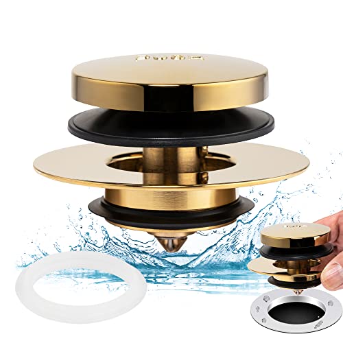 Artiwell Universal Tip Toe Bath Drain Stopper and Cover, Bathtub Drain Stopper, Replaces Lift and Turn, Tip-Toe and Trip Lever drains for Tub, EZ Installation and Clearing (Polished Brass) - color: Polished Brass