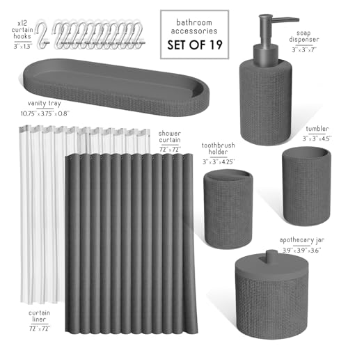 Clara Clark Bathroom Set - Grey Bathroom Accessories Set, 19PC Bathroom Accessory Set, Bathroom Sets with Shower Curtain Set, Soap Dispenser & Toothbrush Holder - color: Grey, size: Complete Set