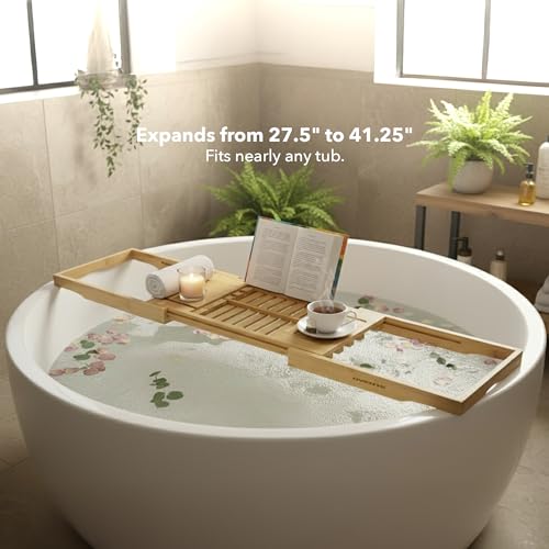 OVENTE Bathtub Tray Caddy, Expandable Bamboo Bath Tray Table, Wooden Tub Board with Books, Tablets, Phone and Wine Glass Holder, Bathroom Accessories and Home Spa Essentials, Wood BTC20228