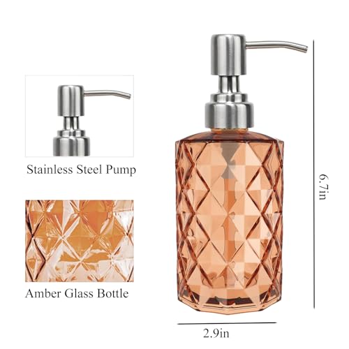 12Oz Amber Glass Soap Dispenser with Stainless Steel Pump, Refillable Kitchen Liquid Hand Soap Dispenser with Diamond Design, for Dispense Hand soap, Dish Soap, Lotion, Bathroom, Countertop, Hotel - color: Amber Diamond