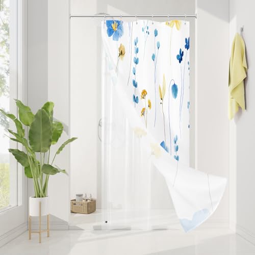 Gibelle Small Stall 3 in 1 Shower Curtain Set, Blue Yellow Watercolor Floral Bath Curtain and PEVA Liner Set with 12 Double Sided Steel Hooks, Waterproof Fabric Bathroom Curtain 36x72 - color: Blueyellow, size: 36"W x 72"L (Pack of 1)