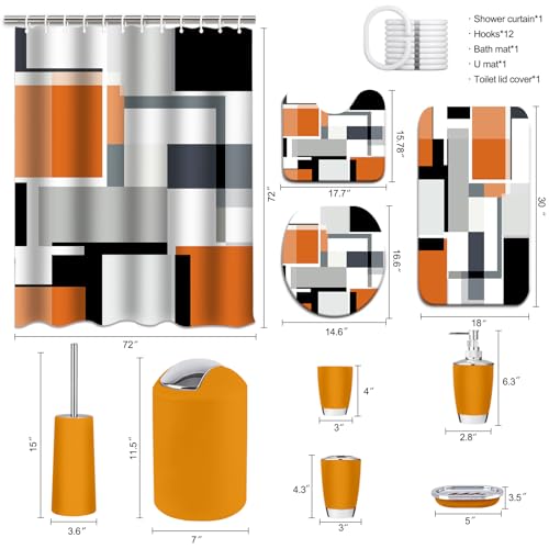 Lnond Orange Bathroom Set, 23-Piece Orange Black Geometric Bathroom Decor Set with with Shower Curtain and Rugs, Trash Can, Toilet Brush Holder Set & Soap Dispenser - style: Orange Geometric