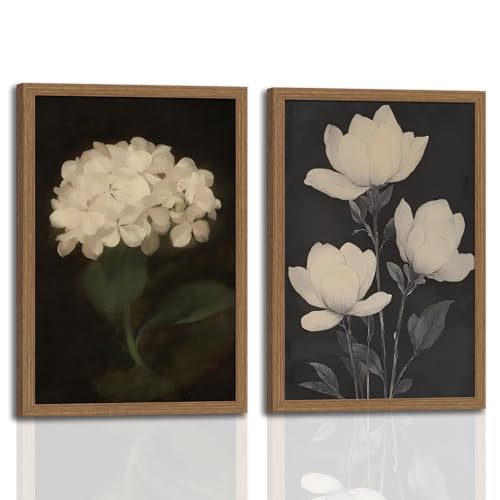 2Pcs Framed Wall Art Vintage White Hydrangea Oil Painting Canvas Prints Posters Pictures Wall Decor Aesthetic for Bedroom Bathroom Kitchen Shelves Office Decor 12x16 Inch Ready to Hang - color: Hydrangea, size: 12x16 inches