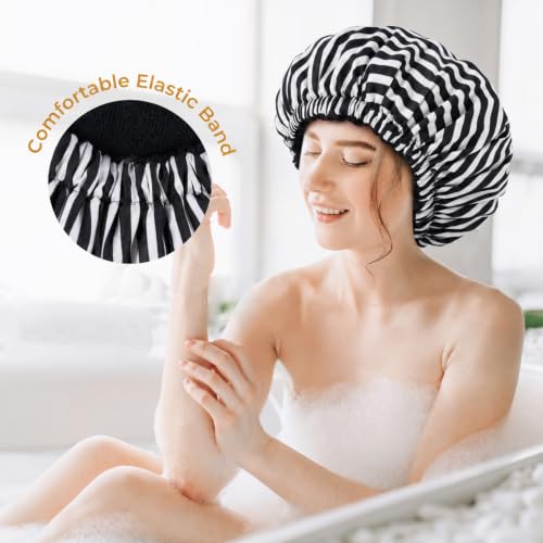 Shower Cap for Women Terry Lined Bath Cap Large Reusable Waterproof Elastic Black Stripes Shower Caps for Long Thick Hair Soft Bath Shower Hair Caps - color: Black Stripe