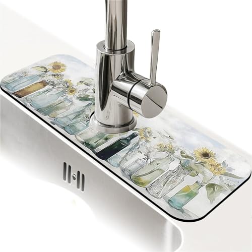 Faucet Fast Absorbent Pad - Sunflower In Vintage Glass Bottles , Suitable For Kitchen, Bathroom, Island And Other Scenes - color: Sunflower in Vintage Glass Bottles