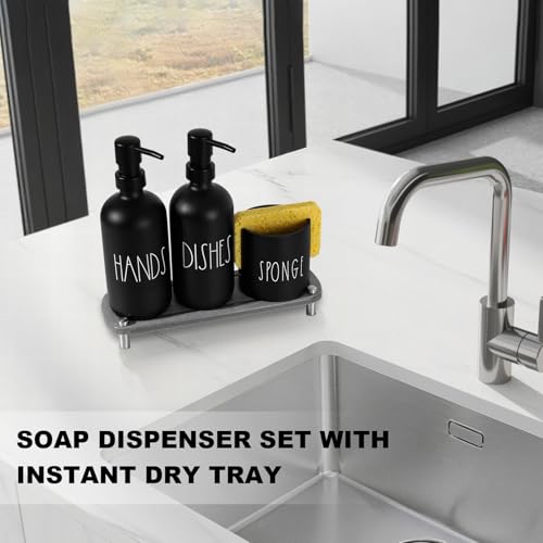 Kitchen Soap Dispenser Set, 16.9 fl oz Hand and Dish Soap Dispensers with Tray, Black Kitchen Soap Dispenser Set with Sponge Holder, Instant Dry Tray, Countertop Sink Organizer Accessories - color: Black Bottle+black Pump