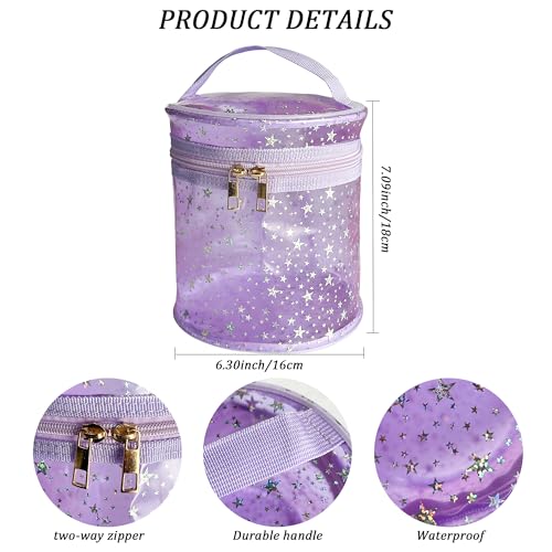 Waterproof Pink Star PVC Makeup Bag - 7.1x6.3in Barrel Cosmetic Organizer with Zipper, Portable Toiletry Pouch for Women & Men (Purple) - color: Purple