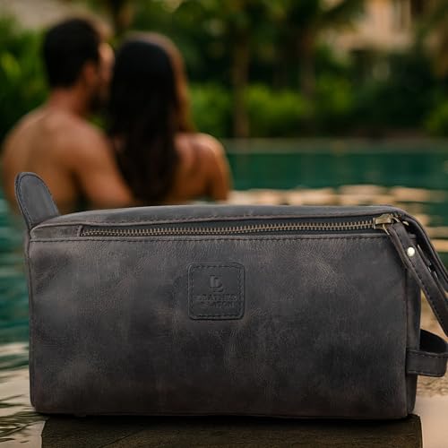 Full Grain Leather Toiletry Bag for Men & Women – Water-Resistant Travel Shaving Kit Organizer with YKK Zipper, Spacious Bathroom Grooming & Cosmetic Storage Case - Chalkboard Grey - color: Charcoal Grey