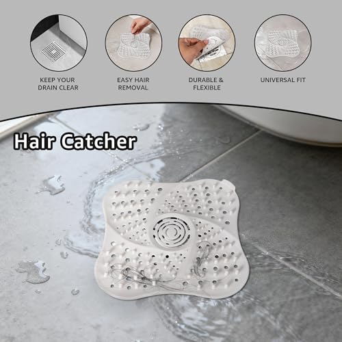 Silicone Hair Catchers Drain Screens 2-Pack, 5.31-inch Square Shower Drain Protectors Strainers with Suction Cup Suit for Showers, bathrooms, Sinks, Floor drains (White)