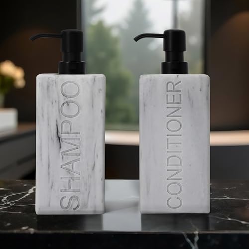Rectangular Resin Dispenser Premium Bathroom Shampoo Conditioner Body Wash Bottle Modern Refillable Pump Design - color: Marble