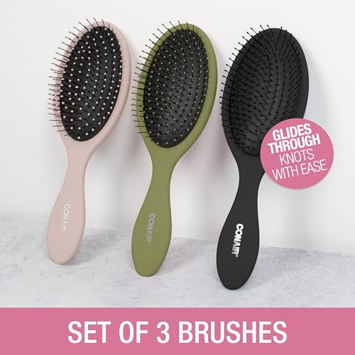 Conair Detangling Hair Brush Set, 3 count Detangler Brushes for Wet or Dry Hair, Gentle Detangler for All Types, Bristle Brushes for Women, Evergreen, Blush Pink, Black Assorted (Pack of 8) - color: Evergreen,Blush Pink,Black, size: 3 Count (Pack of 8)