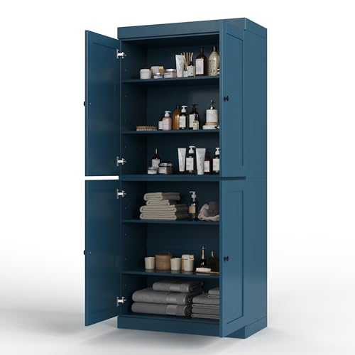 Palace Imports Solid Wood Tall Bathroom Pantry Cabinet with 4 Shaker Doors & Adjustable Shelves, Teal Blue - 100% Eco-Friendly, Renewable, Space-Saving Storage, 71.5" H x 32" W, Made in Brazil - color: Teal Blue