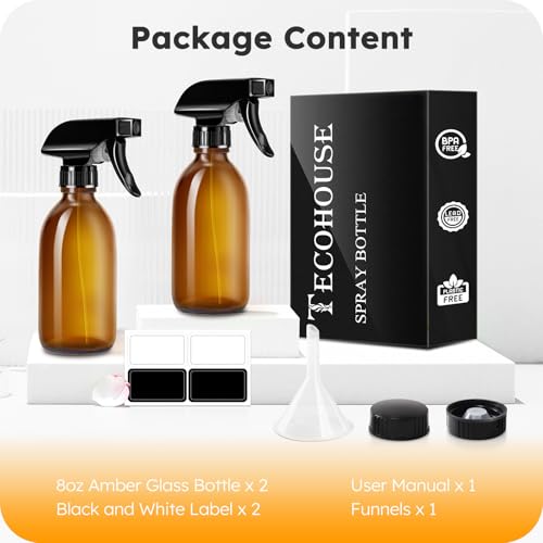 Tecohouse Glass Spray Bottles 8oz, Amber Hair Spray Bottles, 2 Pack Empty Refillable Sprayer Container with Labels, Funnel, Lids, Graduated Pipettes - Handheld Size - color: Amber