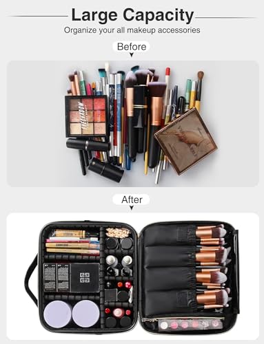Relavel Travel Makeup Train Case Makeup Cosmetic Case Organizer Portable Artist Storage Bag with Adjustable Dividers for Cosmetics Makeup Brushes Toiletry, Black with Gold Zipper - color: black with golden zipper, size: Small