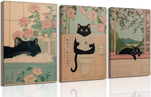 ZWTJPLN Japanese Ukiyo-e Style Black Cat Bathroom Canvas Wall Art Set (8x11/12x16Inches) - 3-Piece Funny Cat Decor for Restroom, Toilet & Home - color: Funny Cat, size: 10L" x 8W"Canvas