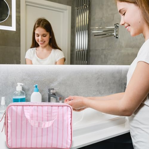 Travel Toiletry Bag for Women, Waterproof Clear Coated Portable Stripe Makeup Cosmetic Bag with Compartment, Travel Organizer for Shampoo, Conditioner, Brushes Set,Cosmetic Accessories(Pink Stripe) - color: Pink Stripe