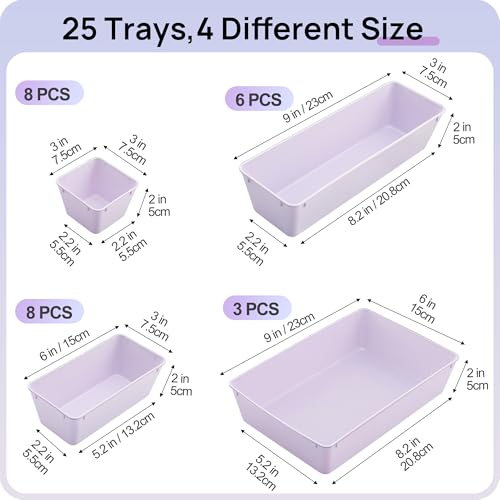 Vtopmart 25 PCS Plastic Drawer Organizers Set, 4-Size Versatile Bathroom and Vanity Drawer Organizer Trays, Storage Bins for Makeup, Bedroom, Kitchen Gadgets Utensils and Office - color: Lilac