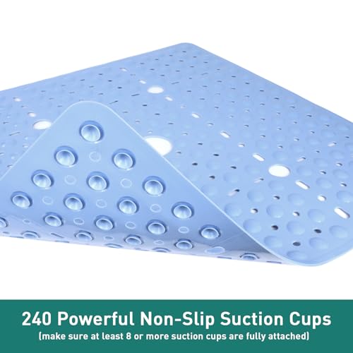 Large Square Shower Mat 27 x 27 Inch Light Blue, Non Slip Shower Bathtub Mats for Inside Shower with Big Suction Cups Drain Holes, Anti Slip Bathroom Floor Stall Mats, Easy Clean, BPA-Free - color: Light Blue