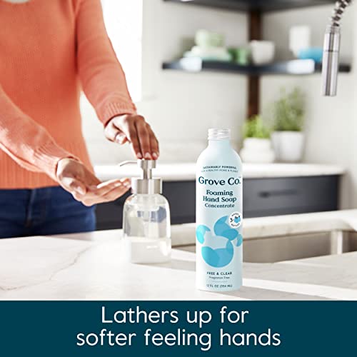 Grove Co. Foaming Hand Soap Concentrate (12 Fl Oz) + Reusable Glass Soap Dispenser, Plastic-Free Liquid Refillable Starter Kit, Free and Clear Unscented