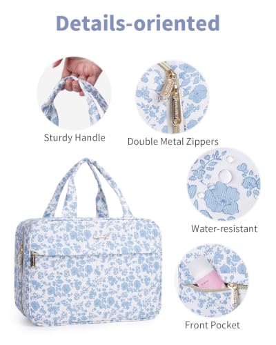 Narwey Floral Hanging Travel Toiletry Bag, Makeup Bag Organizer Make up Toiletries Bags for Full Size Essentials, Accessories, Brushes, Cosmetics (Blue Flower, Large) - color: C-Blue Flower, size: Large