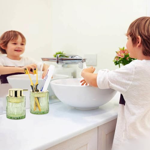 2pcs Glass Bathroom Accessories, Green Bathroom Set, Toothbrush Holder and Soap Dispenser, Gold Soap and Toothbrush Holder Set for Vanity Countertop Decor