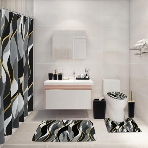 XLHOMO Bathroom Set - Black and Gold Bathroom Accessories, Bathroom Sets with Shower Curtain and Rugs, Black Shower Curtain Set with Bathroom Trash Can, Soap Dispenser, Soap Dish for Home Decor - color: Stripe Black & Gold, size: Complete Set + Bath Rugs