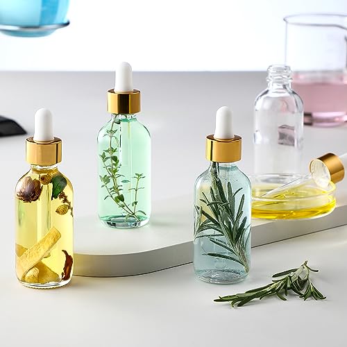 AOZITA Set of 4, 2 oz Golden Cap Clear Dropper Bottles (60ml) with 1 Funnel & 4 Labels - Glass Tincture Bottles for Essential Oils with Eye Droppers - Leak Proof Travel Bottles for Liquids - color: Clear