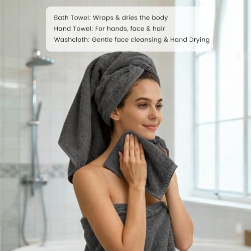 SEMAXE 8-Piece Cotton Bath Towel Set with Hanging Loops for Bathroom, Gray | Complete starter set for daily showers, sink-side use, small bathrooms, and guest baths, OEKO-TEX certified, easy care - color: A02: Grey