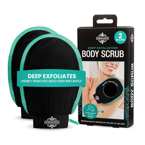 Dermasuri - Deep Exfoliating Glove - Korean Exfoliating Mitt & Body Scrubber - Keratosis Pilaris Treatment Scrub - Self Tanner Mitt & Ingrown Hair Exfoliator - Shower Gloves for Women & Men - (2 Pack) - style: 2 Piece Mitt