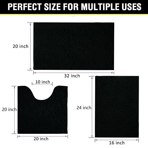 Black Bathroom Rug Chenille 3-Piece Extra Soft and Absorbent Shag Bathroom Rugs, Machine Wash Mat, Strong PVC Non-Slip Underside, Plush Carpet Mats (Black) - color: Black, size: 2'8" x 1'8" (16x24"+20x32"+20x20"U shape）