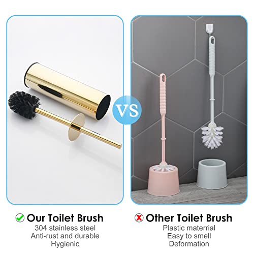 Toilet Brush and Holder Set Gold Stainless Steel, 304 Heavy Duty Round Toilet Brush Set – Rust Resistant, Long Handle, Replacement Heads, Floor Standing Bathroom Toilet Cleaning Brush - color: Gold-round