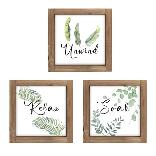 pechpell 3 Piece Relax Soak Unwind Wall Art Bathroom Signs, Wooden Sage Green Spa Bathroom Decor, Botanical Leaves Plant Pictures Indoor Restroom Shelf Table Bedroom Rustic Farmhouse Home Decorations - color: sage green