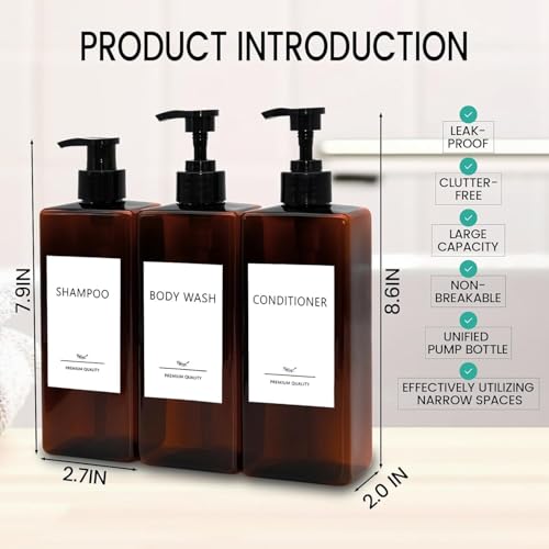 Shampoo and Conditioner Dispenser Set, 6PCS Refillable Shampoo and Conditioner Bottles with Labels, 500ml Soap Dispenser 16.9oz Shower Dispenser Square Pump Bottle for Bathroom and Kitchen - Amber - color: Amber - 6pack 16.9oz