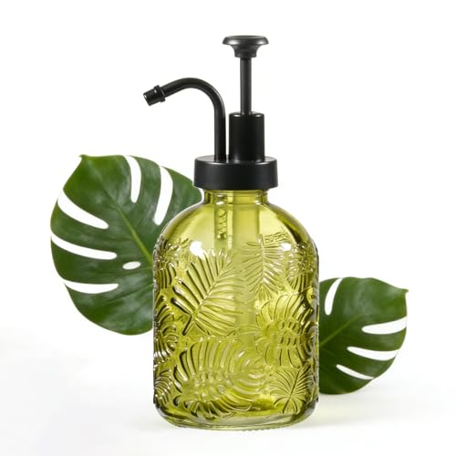11.8Oz Vintage Glass Bathroom Soap Dispensers with Black Pump, Refillable Kitchen Dish Soap Dispenser with Embossed Leaf, Modern Farmhouse Hand Soap Liquid Bottle -1 Pack(Sage Green) - color: Sage Green/Black, size: 1Pack