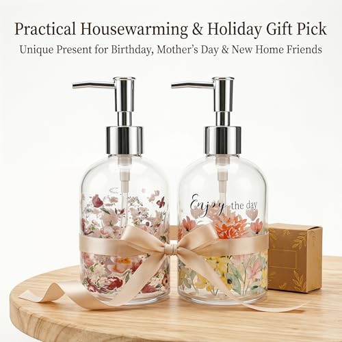 Topadorn Glass Soap Dispenser Set of 2, 17oz Refillable Hand & Dish Soap Dispensers with Pump, Floral Kitchen Soap Bottles with Enjoy the Day Design for Bathroom Counter - color: Soft Pink Flower
