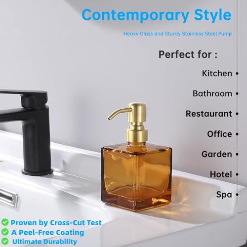 Square Bathroom Soap Dispenser Amber Bottle with Brushed Gold Pump, Retangle Cube 8.4 oz Glass Bottles with Stainless Steel Pump Hand Liquid Soap Dispenser Kitchen - color: Amber and Brushed Gold, size: 8.4oz-Square
