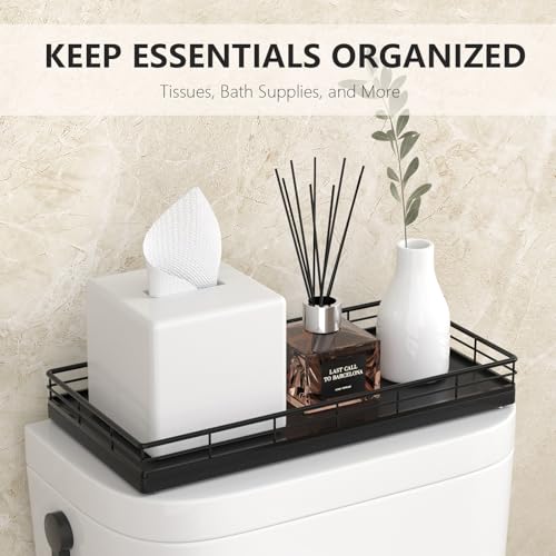 Toilet Paper Basket Organizer, Oak Wood Toilet Tank Tray with Metal Frame | Bathroom Counter Top Storage for Toilet Paper, Wipes & Decor, Modern Narrow Back of Tank Shelf Organizer, Black - color: Black, size: 13" x 6.5" x 2"