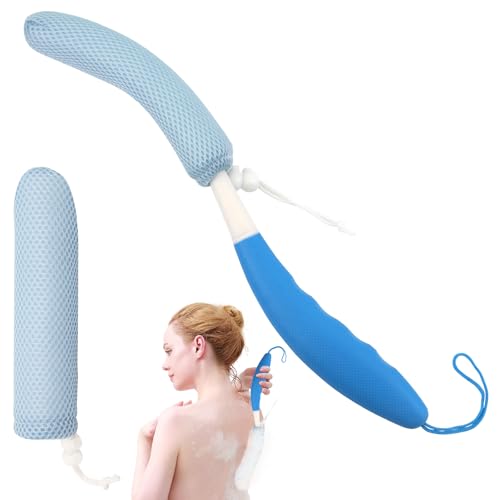 Shower Brush with Long Handle，15.35" Back Brush，Long Back Scrubber for Men Women，Long Handled Sponge Body Exfoliator, Loofah Back Scrubber for Aid Bathing - size: Blue+Blue Handle