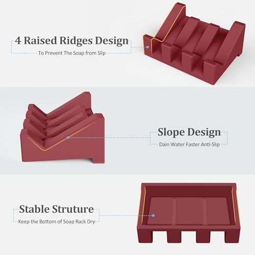 Silicone Soap Dish,1PCS Self Draining Bar Soap Holder,Brown Red | Self draining silicone soap dish with drainage,waterfall design keeps bar soap dry,extended soap holder for shower,bathroom - color: 1*ruby Red